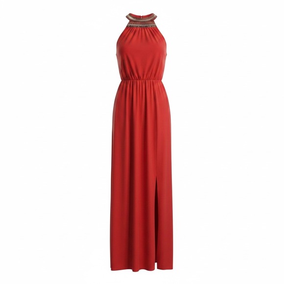 charlie jade Dresses & Skirts - Charlie Jade Orange 100% Silk Beaded Halter Maxi Dress Side Slit C2324-ORG NEW